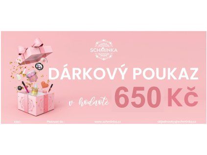 Grafický návrh růžového dárkového poukazu Schminka v hodnotě 650 Kč s motivem rozbalené dárkové krabičky