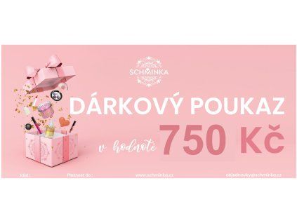 Grafický návrh růžového dárkového poukazu Schminka v hodnotě 750 Kč s motivem rozbalené dárkové krabičky