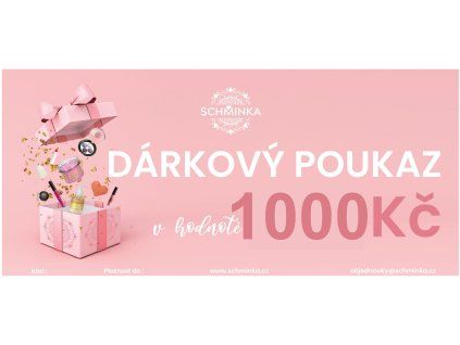 Grafický návrh růžového dárkového poukazu Schminka v hodnotě 1000 Kč s motivem rozbalené dárkové krabičky